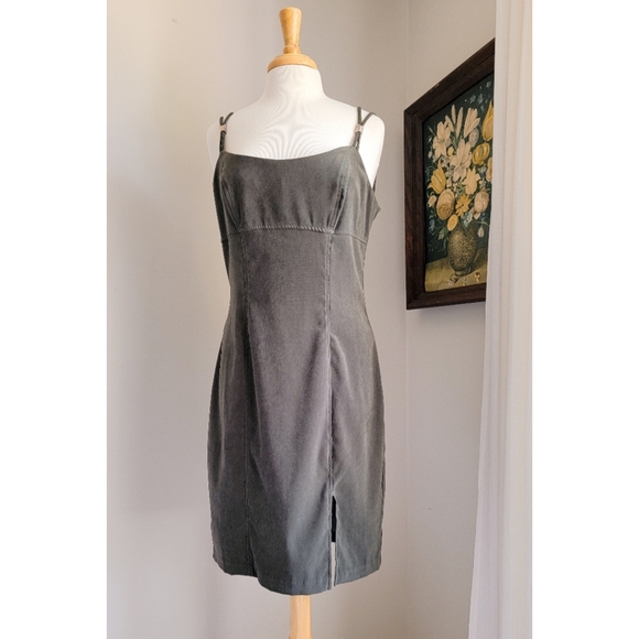 90s Green Faux Suede 1990s Vintage Split Strap Scoop Neck VTG Slip Dress - Picture 4 of 12